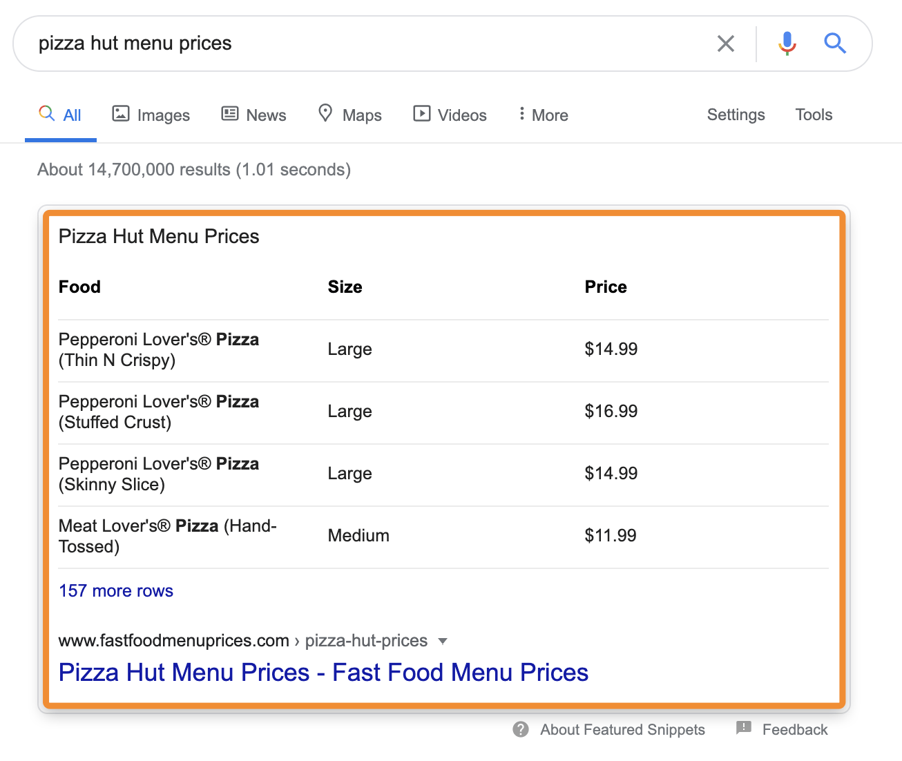 table type of featured snippet